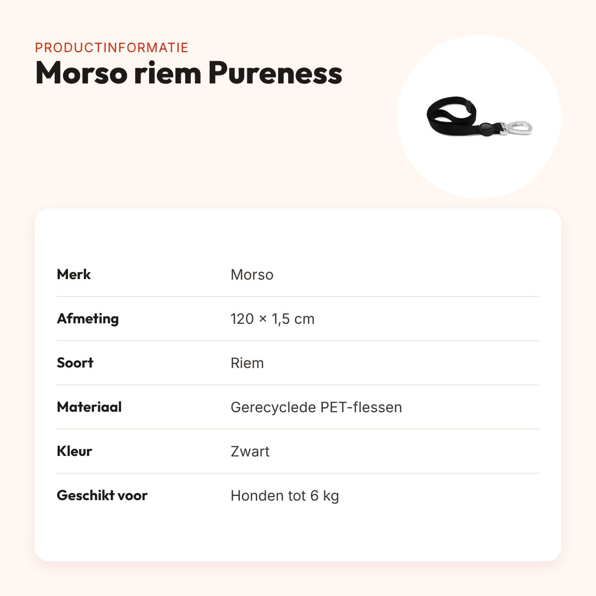 Morso hondenriem Pureness zwart 120 x 1,5 cm – gerecycled, tot 6 kg – productinformatie