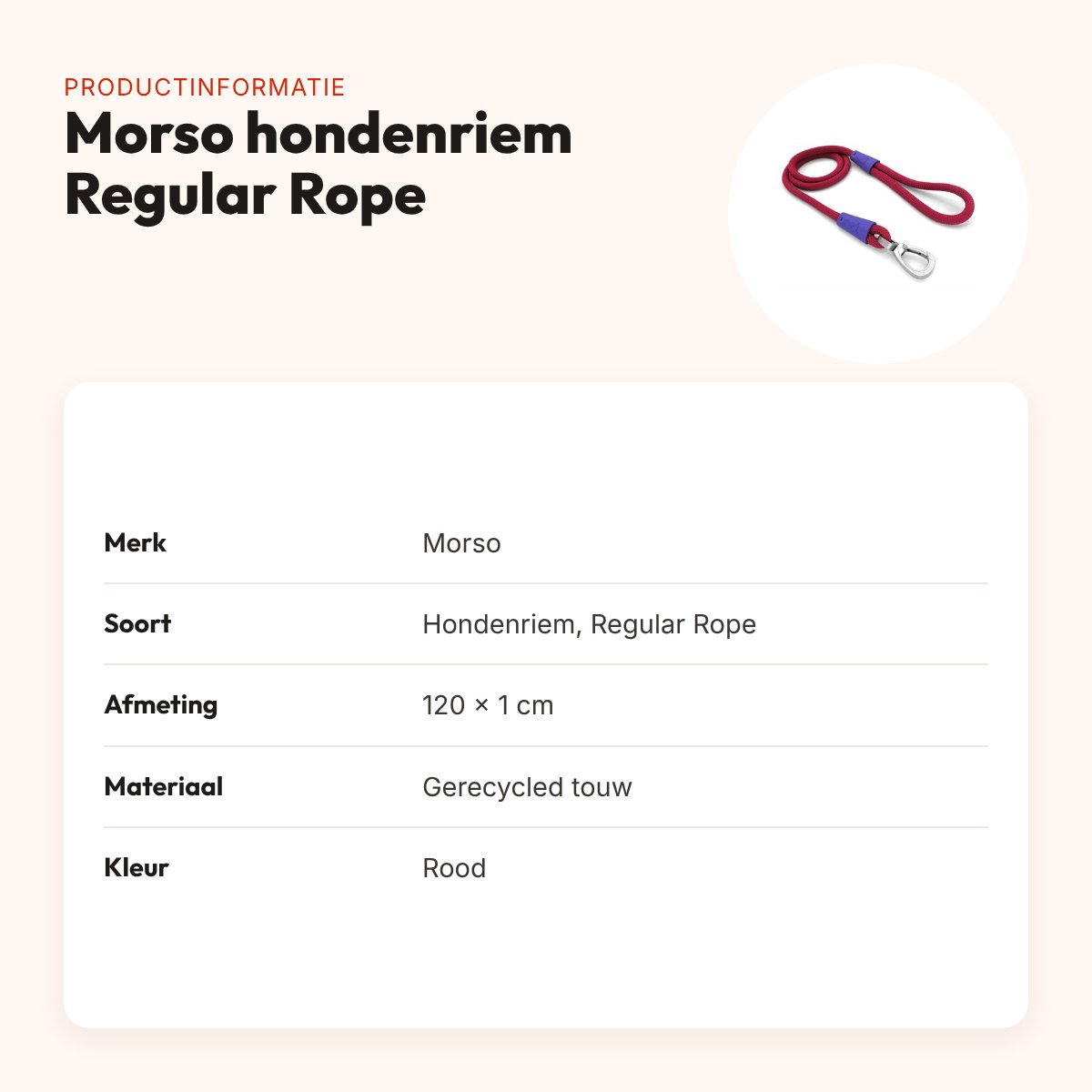 Morso hondenriem Regular Rope rood 120 x 1 cm – productinformatie