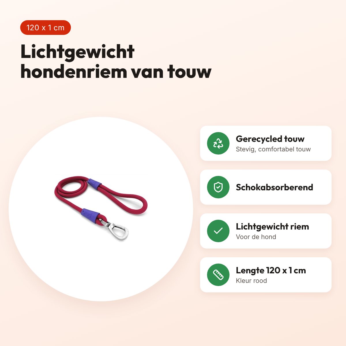 Morso hondenriem Regular Rope rood 120 x 1 cm – voordelen