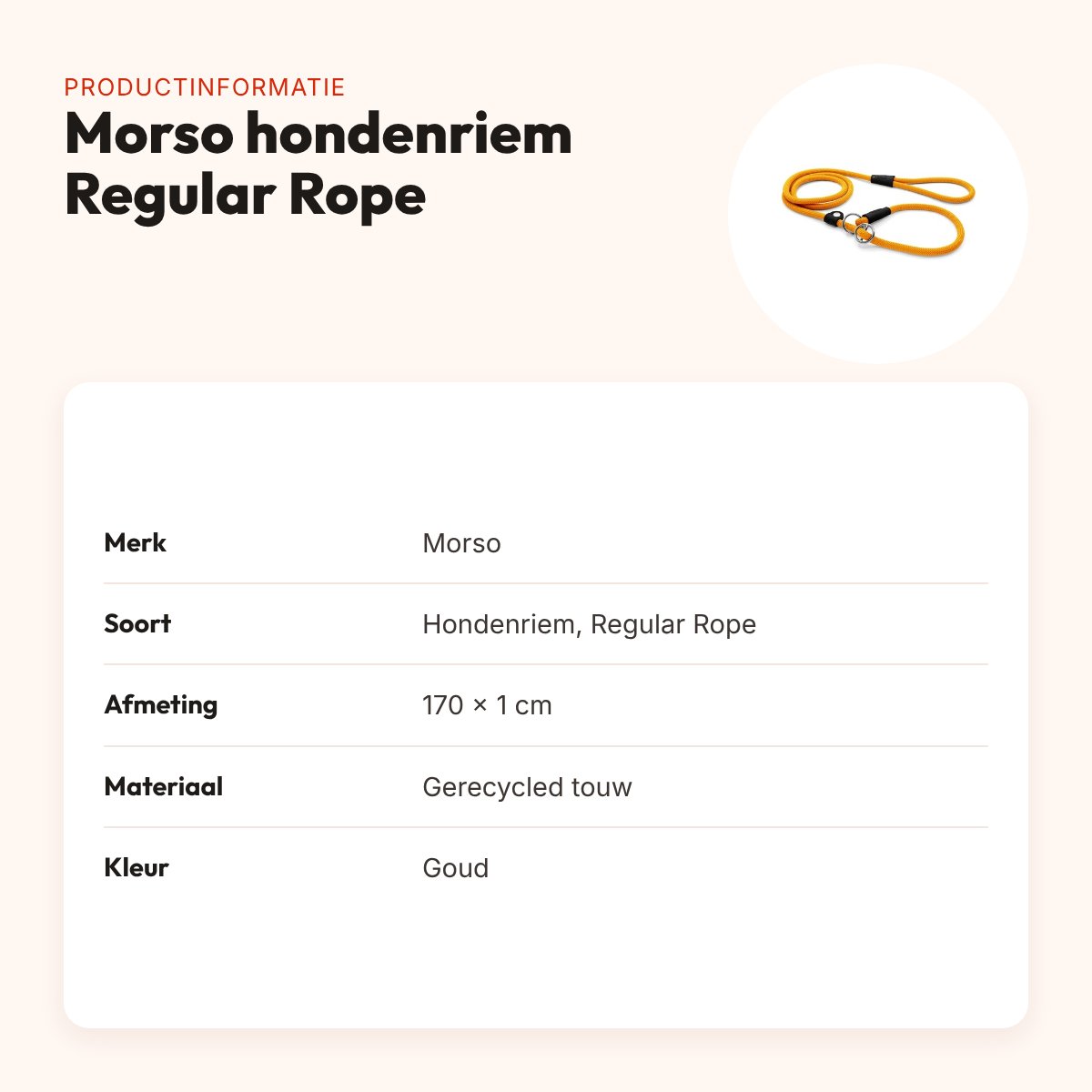 Morso hondenriem retrieverlijn Regular Rope goud 170 x 1 cm – productinformatie