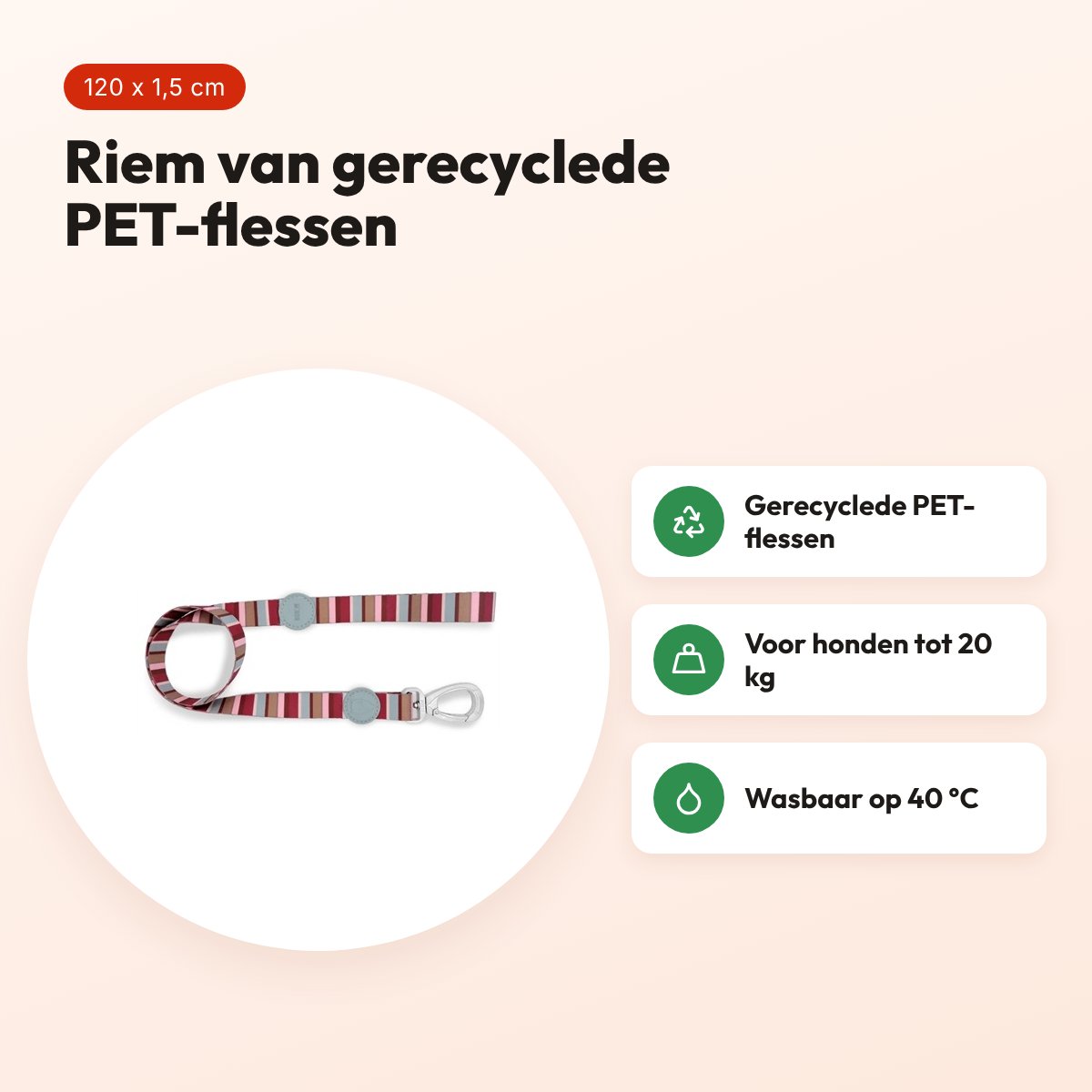 Morso hondenriem Skyline rood/roze 120 x 1,5 cm – gerecycled, tot 20 kg – voordelen