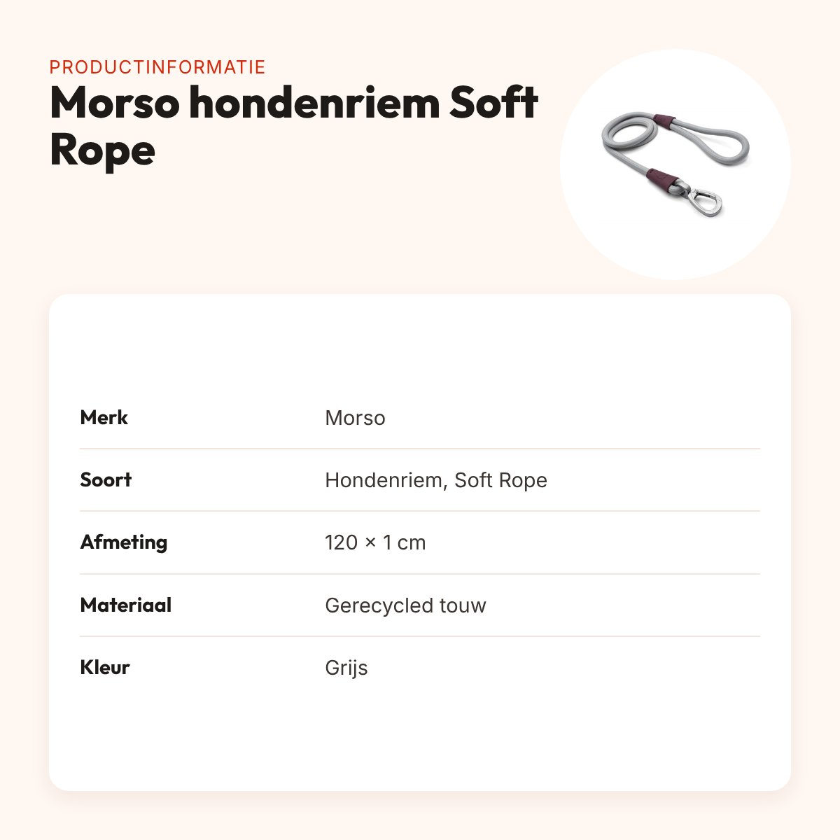 Morso hondenriem Soft Rope grijs 120 x 1 cm – productinformatie