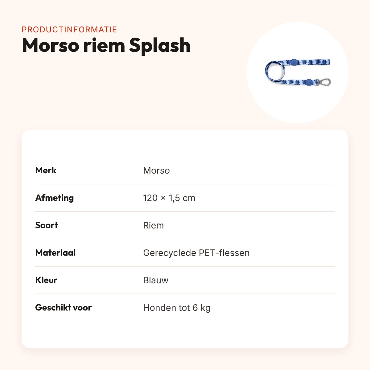 Morso hondenriem Splash blauw 120 x 1,5 cm – gerecycled, tot 6 kg – productinformatie