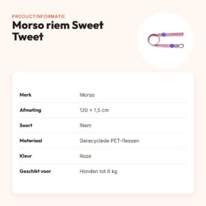 Morso hondenriem Sweet Tweet roze 120 x 1,5 cm – gerecycled, tot 6 kg – productinformatie