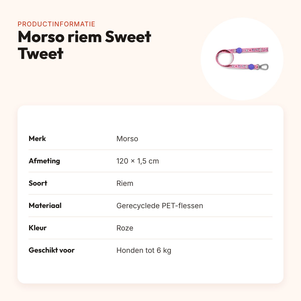 Morso hondenriem Sweet Tweet roze 120 x 1,5 cm – gerecycled, tot 6 kg – productinformatie
