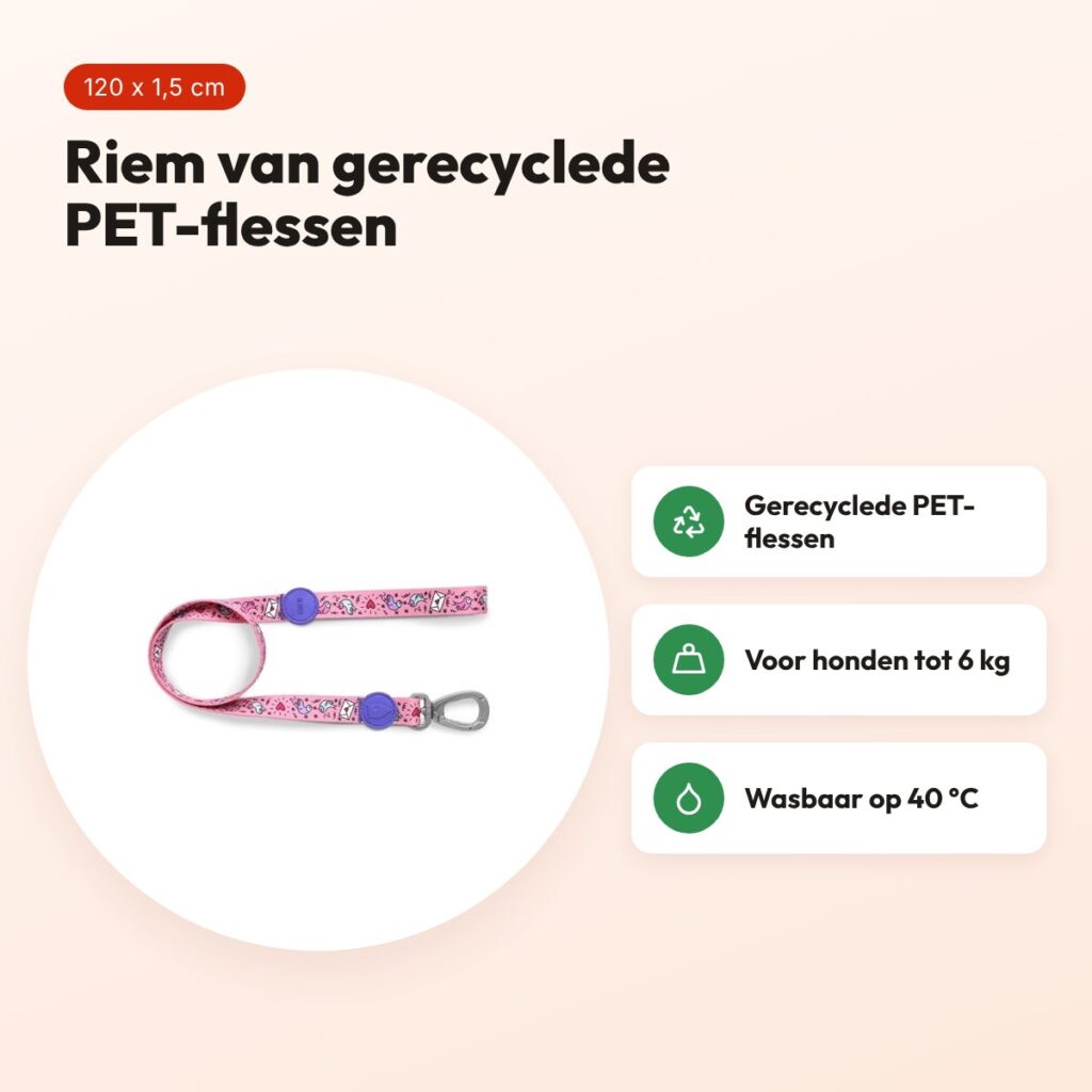 Morso hondenriem Sweet Tweet roze 120 x 1,5 cm – gerecycled, tot 6 kg – voordelen