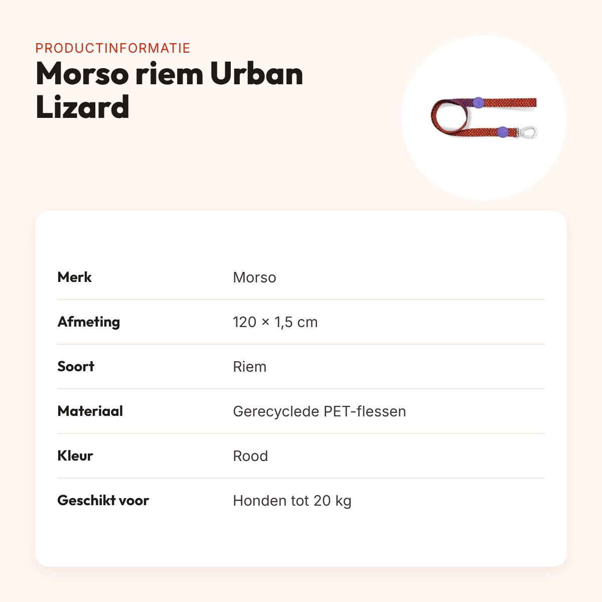 Morso hondenriem Urban Lizard rood 120 x 1,5 cm – gerecycled, tot 20 kg – productinformatie