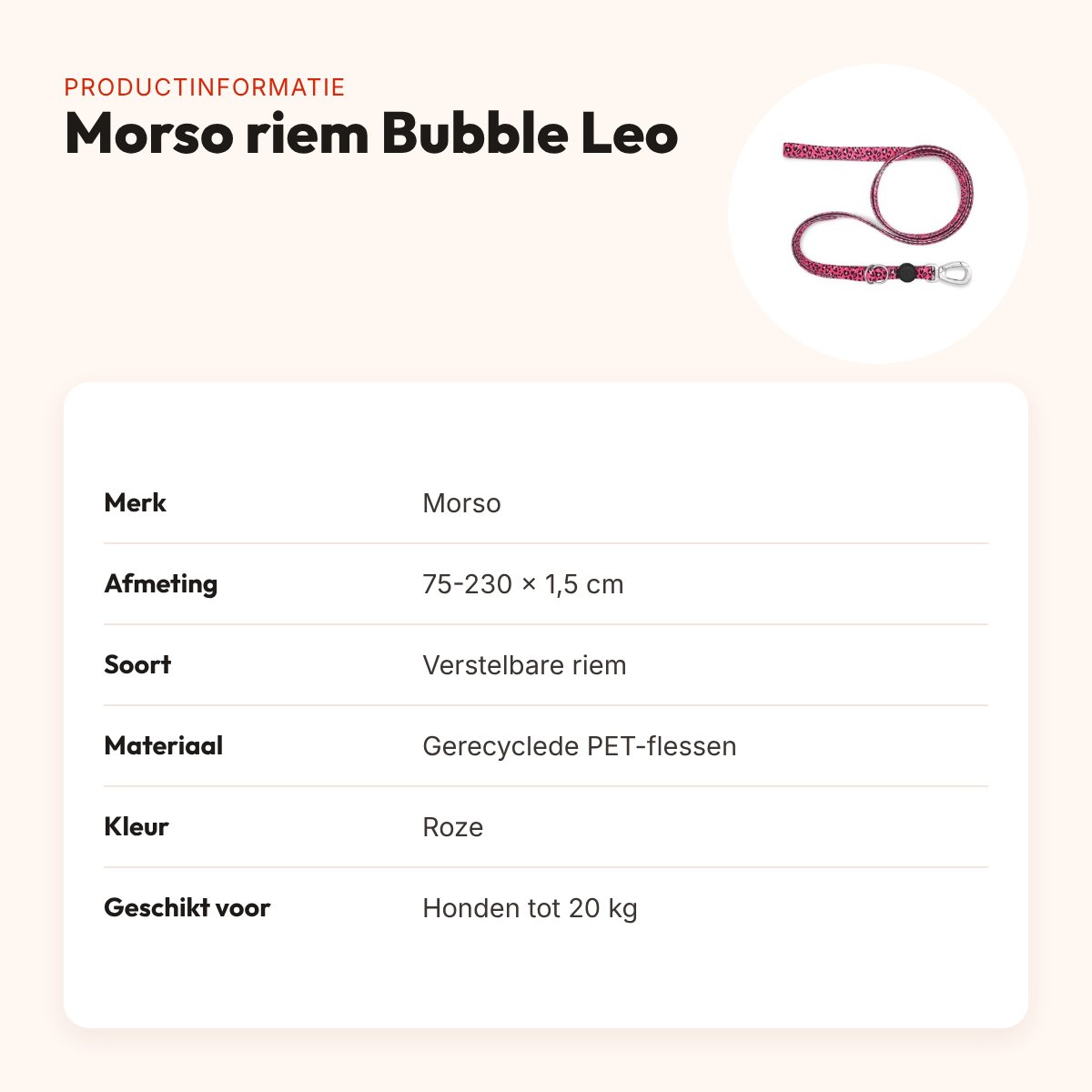 Morso hondenriem verstelbaar Bubble Leo roze 75-230 x 1,5 cm – tot 20 kg – productinformatie