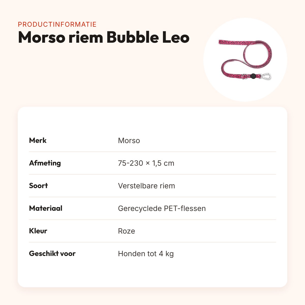 Morso hondenriem verstelbaar Bubble Leo roze 75-230 x 1,5 cm – tot 4 kg – productinformatie
