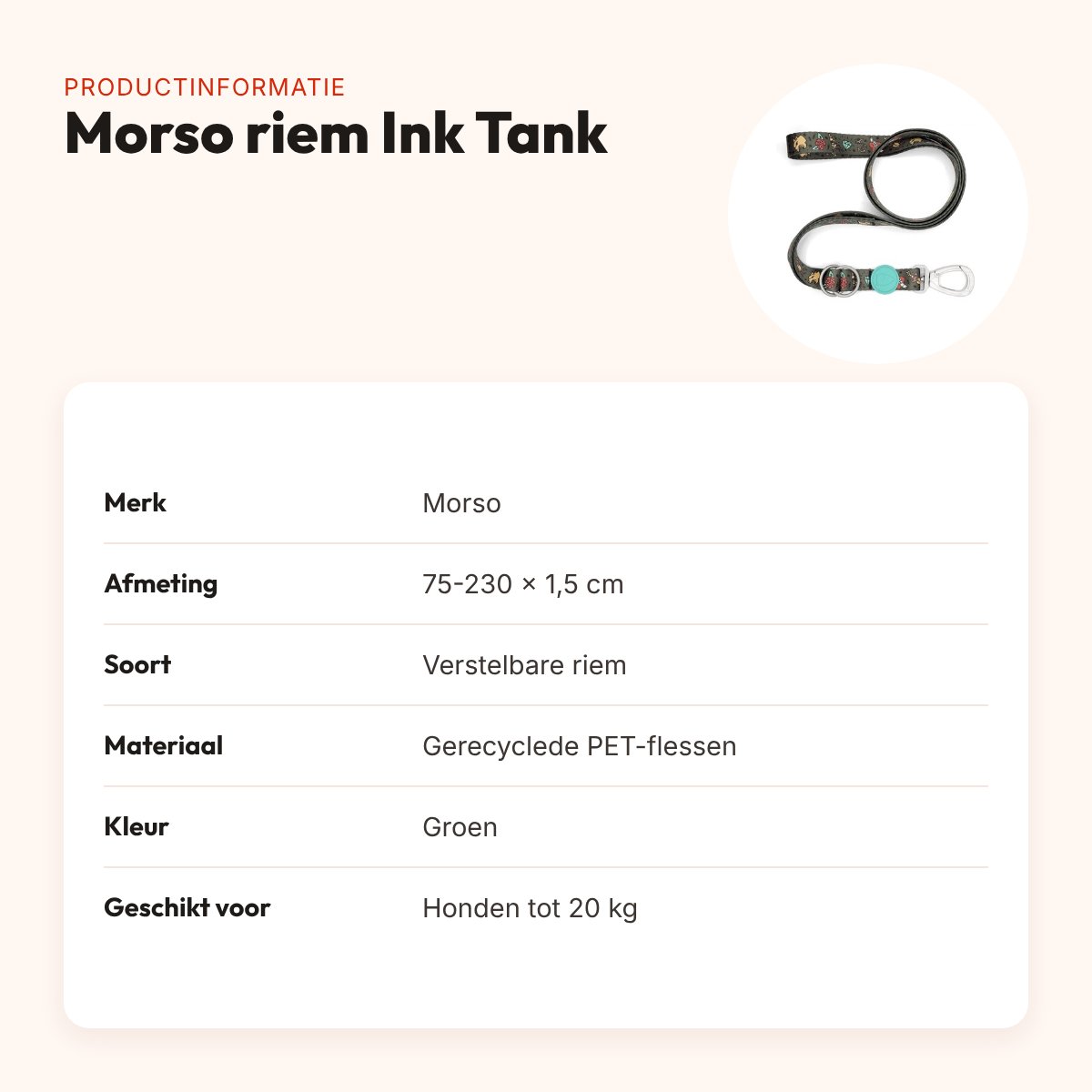 Morso hondenriem verstelbaar Ink Tank groen 75-230 x 1,5 cm – tot 20 kg – productinformatie