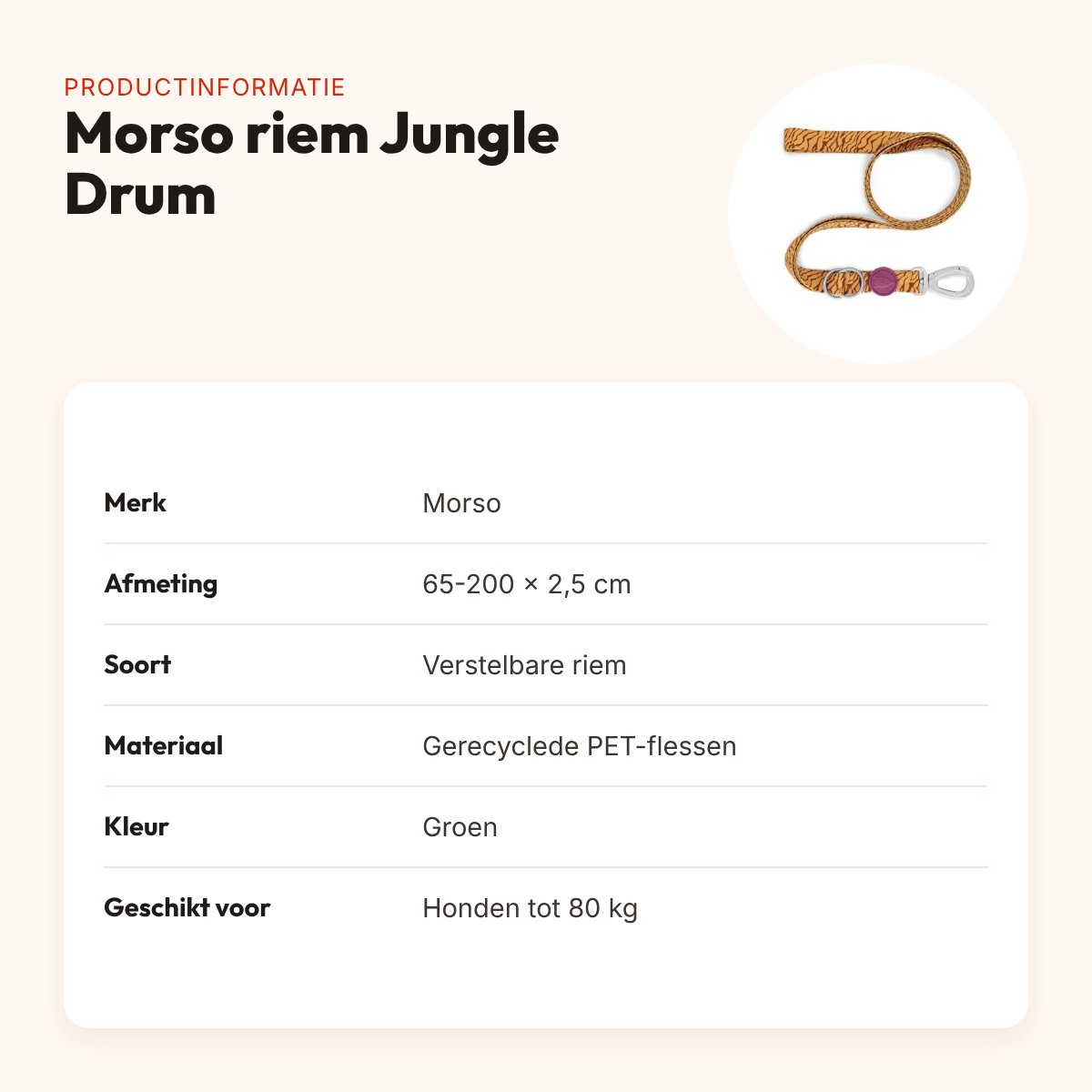 Morso hondenriem verstelbaar Jungle Drum groen 65-200 x 2,5 cm – tot 80 kg – productinformatie