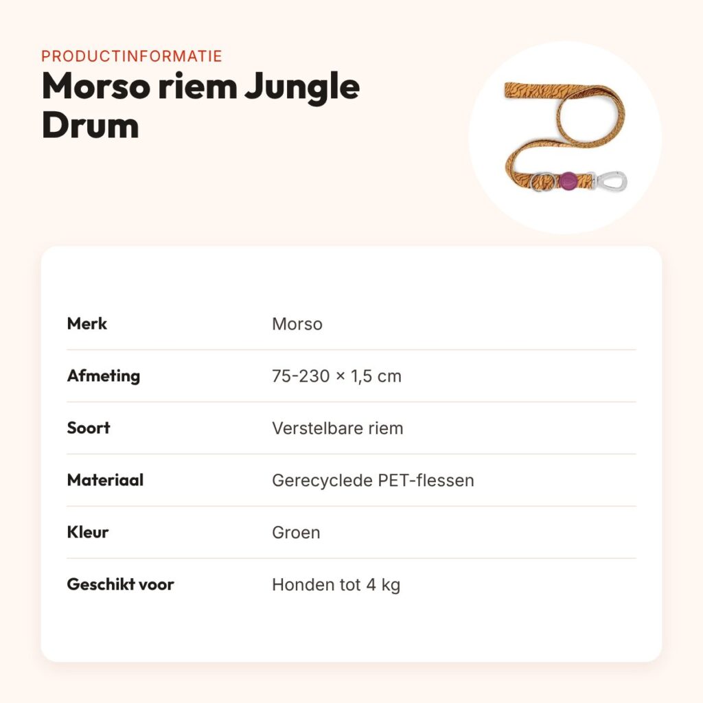 Morso hondenriem verstelbaar Jungle Drum groen 75-230 x 1,5 cm – tot 4 kg – productinformatie