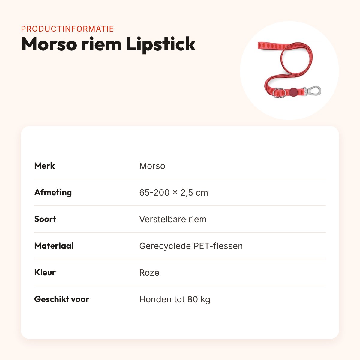 Morso hondenriem verstelbaar Lipstick roze 65-200 x 2,5 cm – tot 80 kg – productinformatie