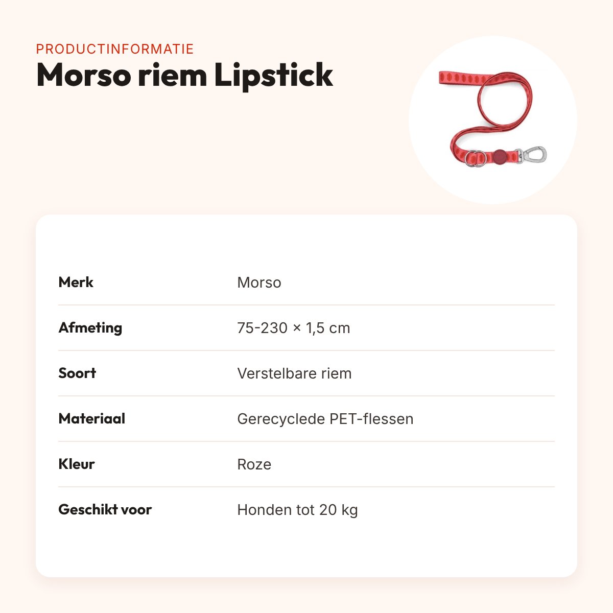 Morso hondenriem verstelbaar Lipstick roze 75-230 x 1,5 cm – tot 20 kg – productinformatie