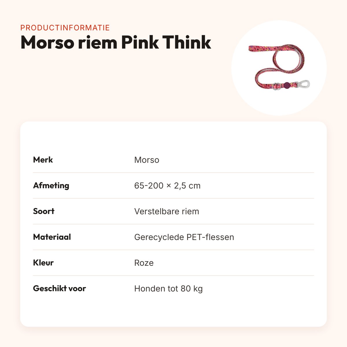 Morso hondenriem verstelbaar Pink Think roze 65-200 x 2,5 cm – tot 80 kg – productinformatie