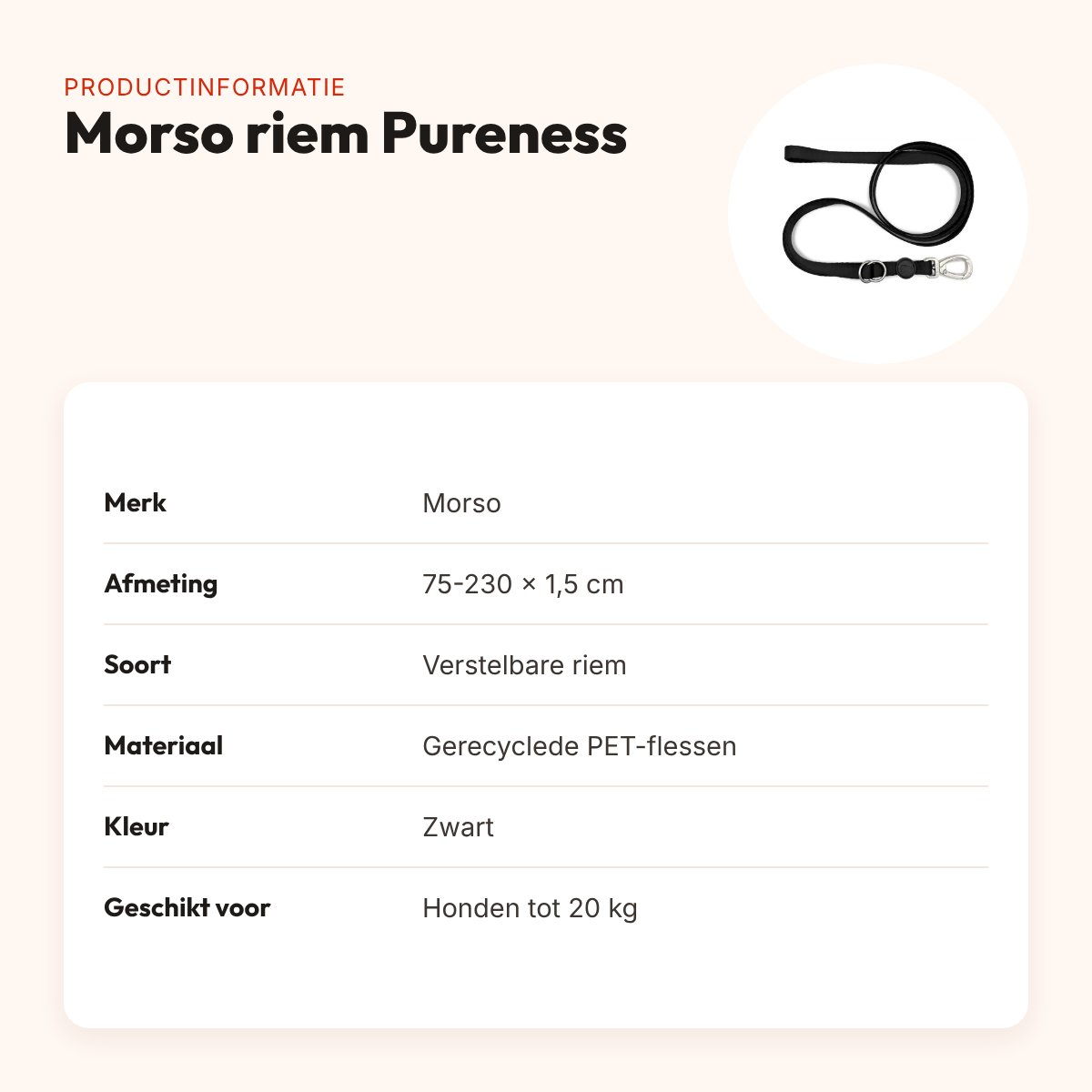 Morso hondenriem verstelbaar Pureness zwart 75-230 x 1,5 cm – tot 20 kg – productinformatie