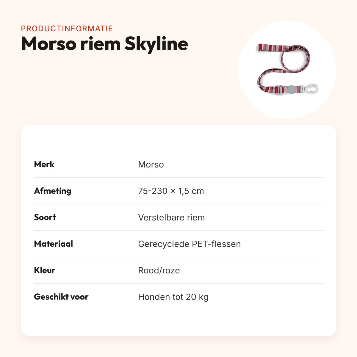 Morso hondenriem verstelbaar Skyline rood/roze 75-230 x 1,5 cm – tot 20 kg – productinformatie
