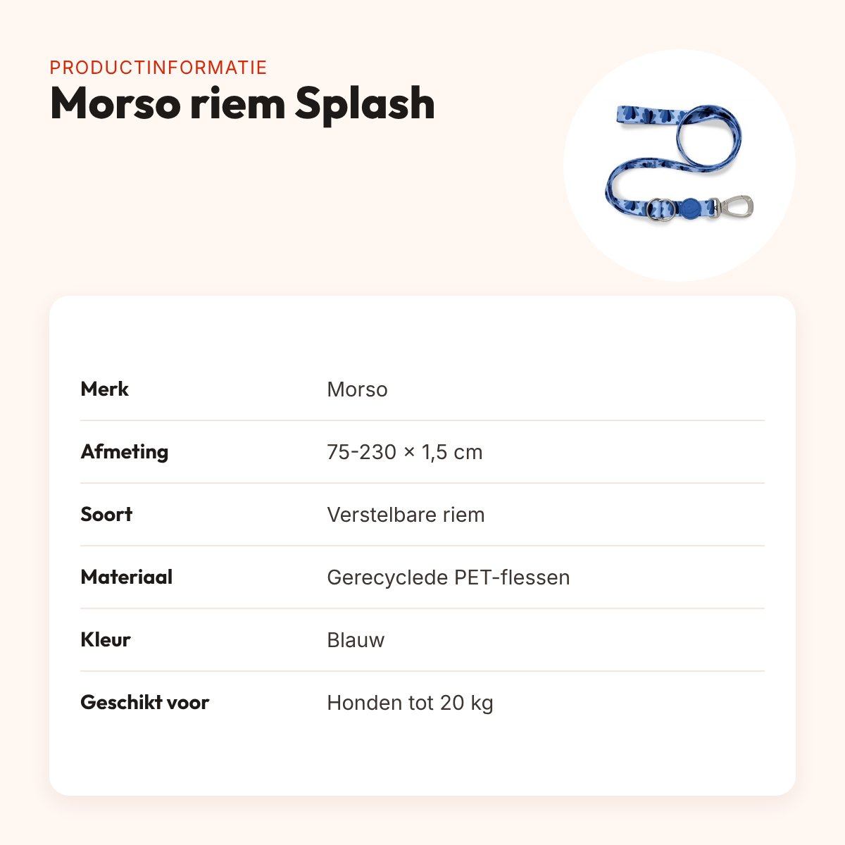 Morso hondenriem verstelbaar Splash blauw 75-230 x 1,5 cm – tot 20 kg – productinformatie