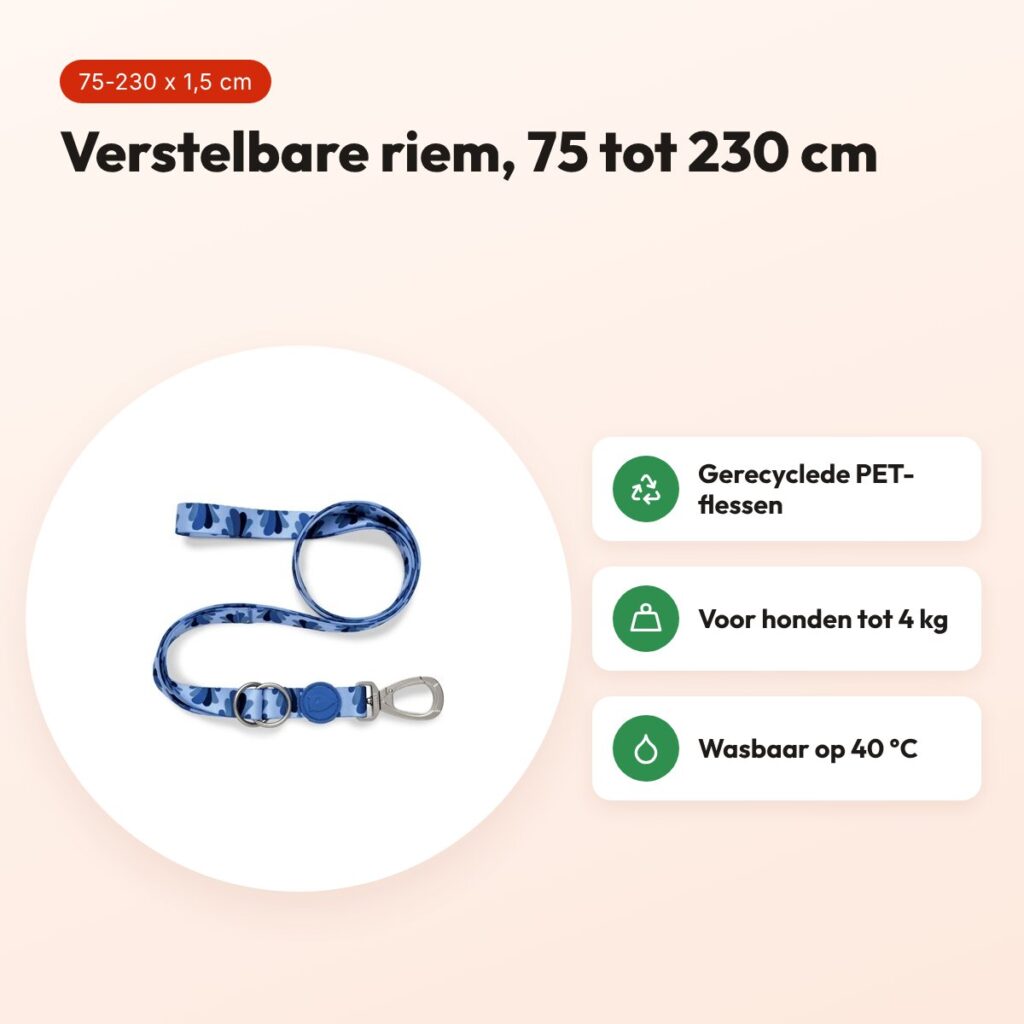 Morso hondenriem verstelbaar Splash blauw 75-230 x 1,5 cm – tot 4 kg – voordelen