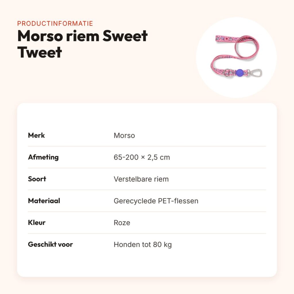 Morso hondenriem verstelbaar Sweet Tweet roze 65-200 x 2,5 cm – tot 80 kg – productinformatie