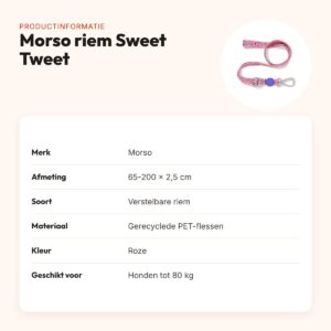 Morso hondenriem verstelbaar Sweet Tweet roze 65-200 x 2,5 cm – tot 80 kg – productinformatie