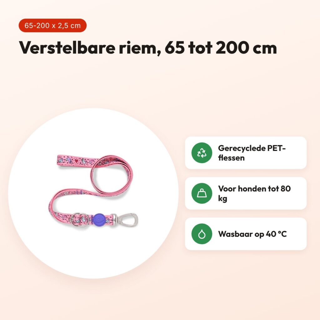 Morso hondenriem verstelbaar Sweet Tweet roze 65-200 x 2,5 cm – tot 80 kg – voordelen