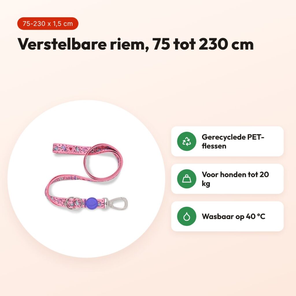 Morso hondenriem verstelbaar Sweet Tweet roze 75-230 x 1,5 cm – tot 20 kg – voordelen