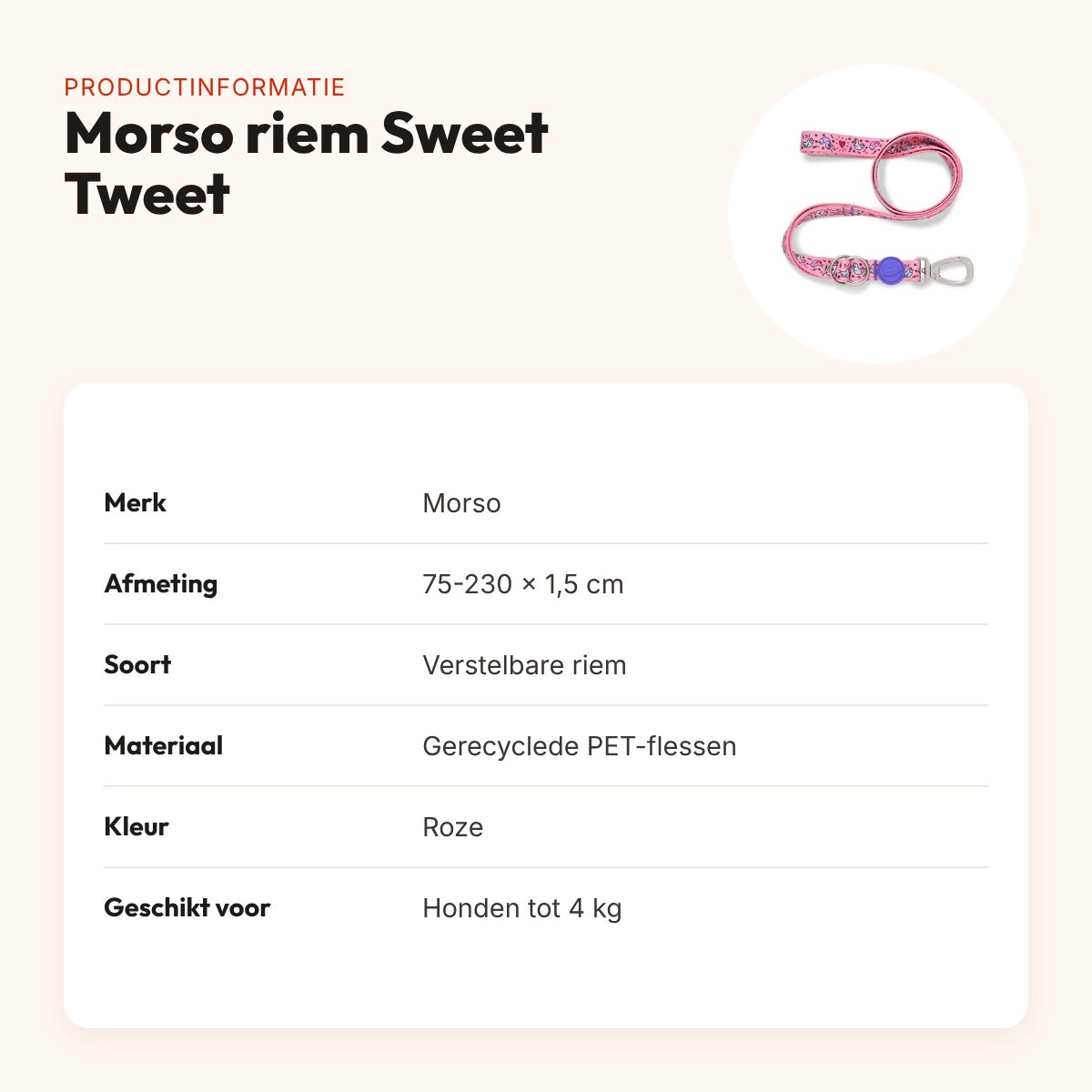 Morso hondenriem verstelbaar Sweet Tweet roze 75-230 x 1,5 cm – tot 4 kg – productinformatie