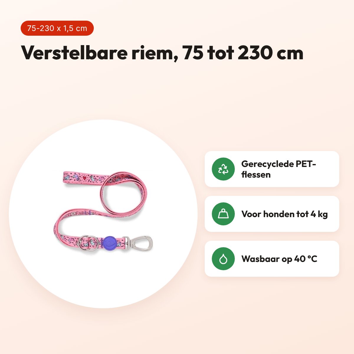 Morso hondenriem verstelbaar Sweet Tweet roze 75-230 x 1,5 cm – tot 4 kg – voordelen