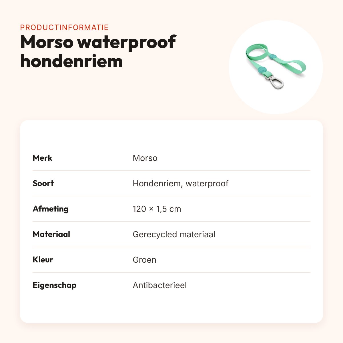 Morso hondenriem waterproof gerecycled groen 120 x 1,5 cm – productinformatie
