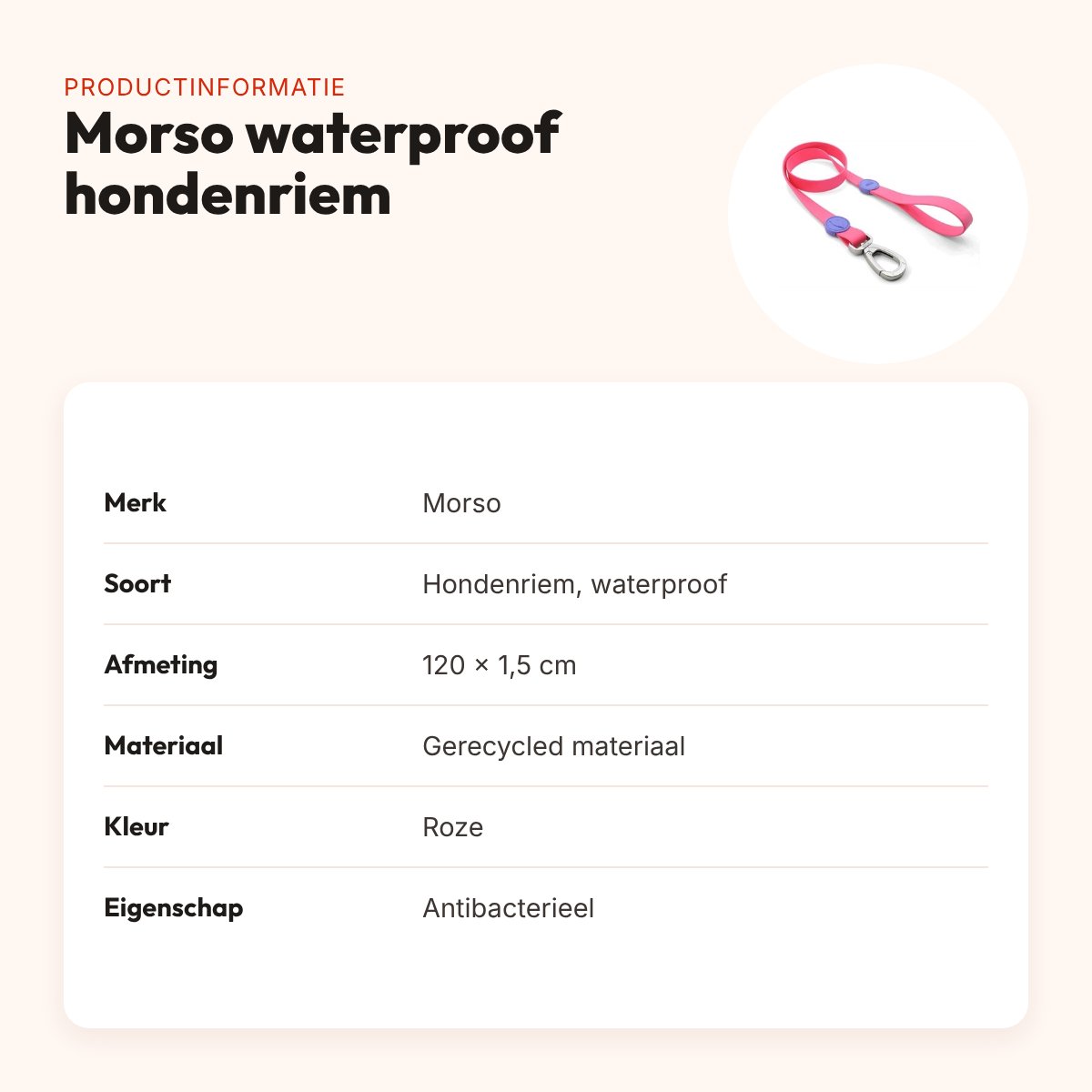 Morso hondenriem waterproof gerecycled roze 120 x 1,5 cm – productinformatie