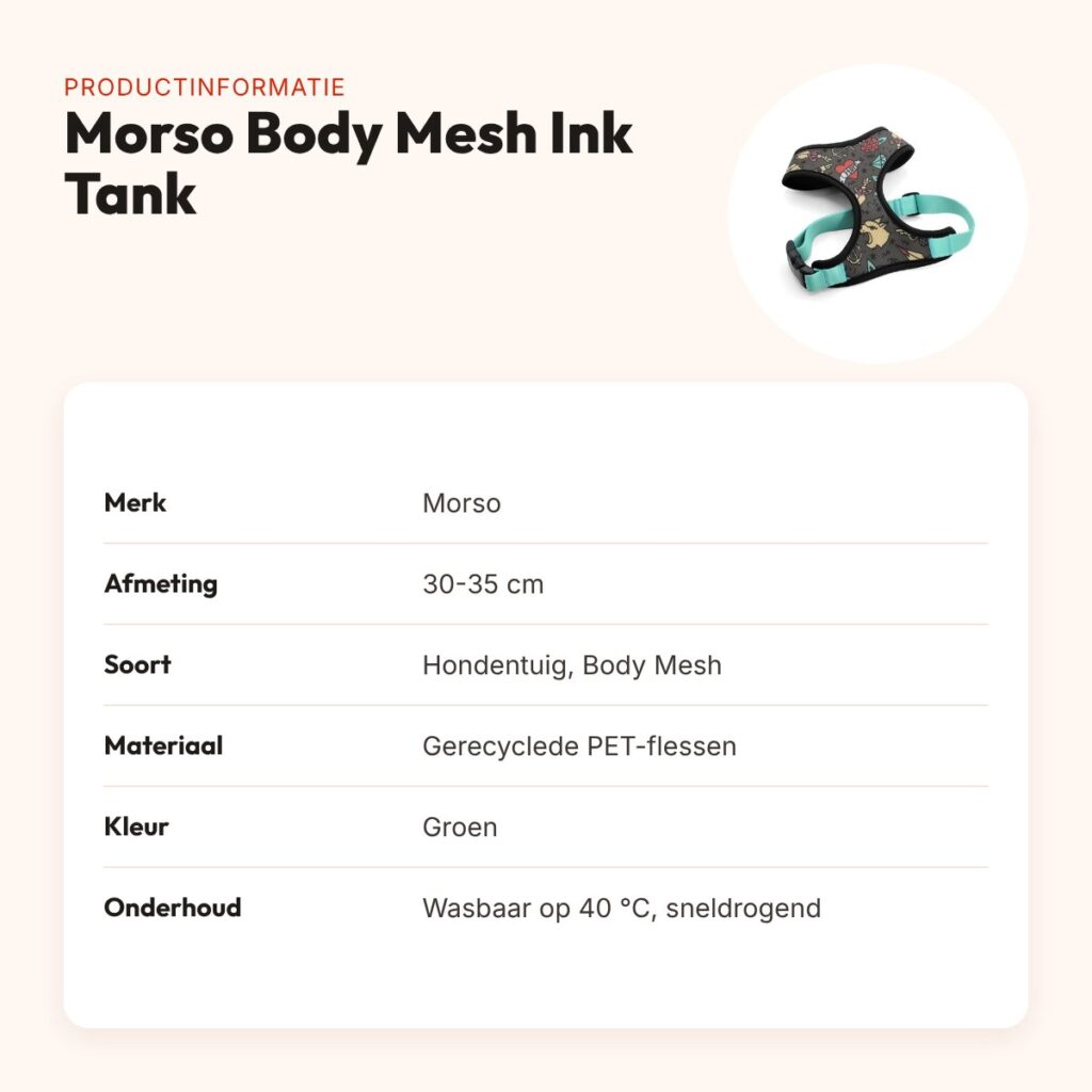 Morso hondentuig Body Mesh Ink Tank groen 30-35 cm – ademend, gerecycled – productinformatie