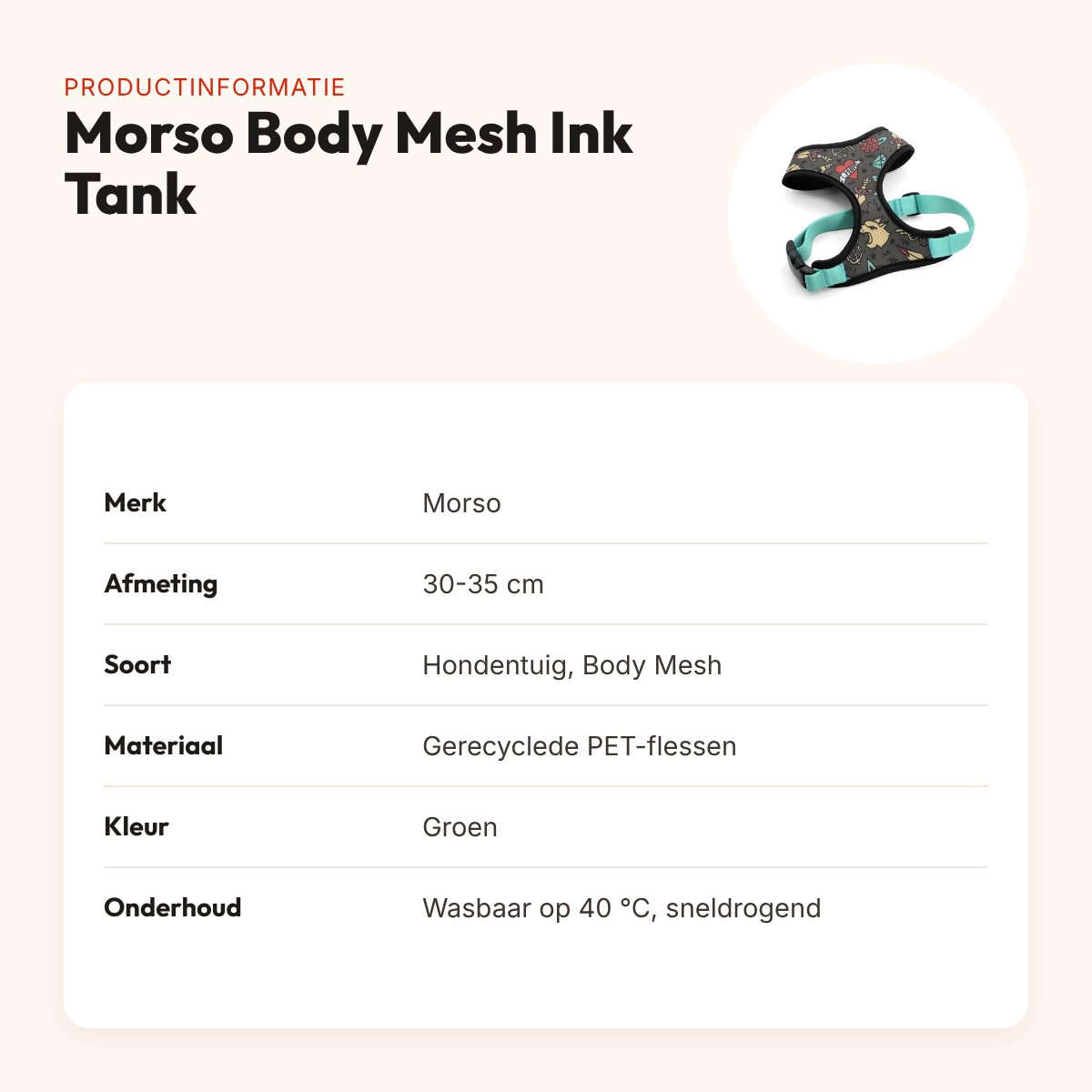 Morso hondentuig Body Mesh Ink Tank groen 30-35 cm – ademend, gerecycled – productinformatie