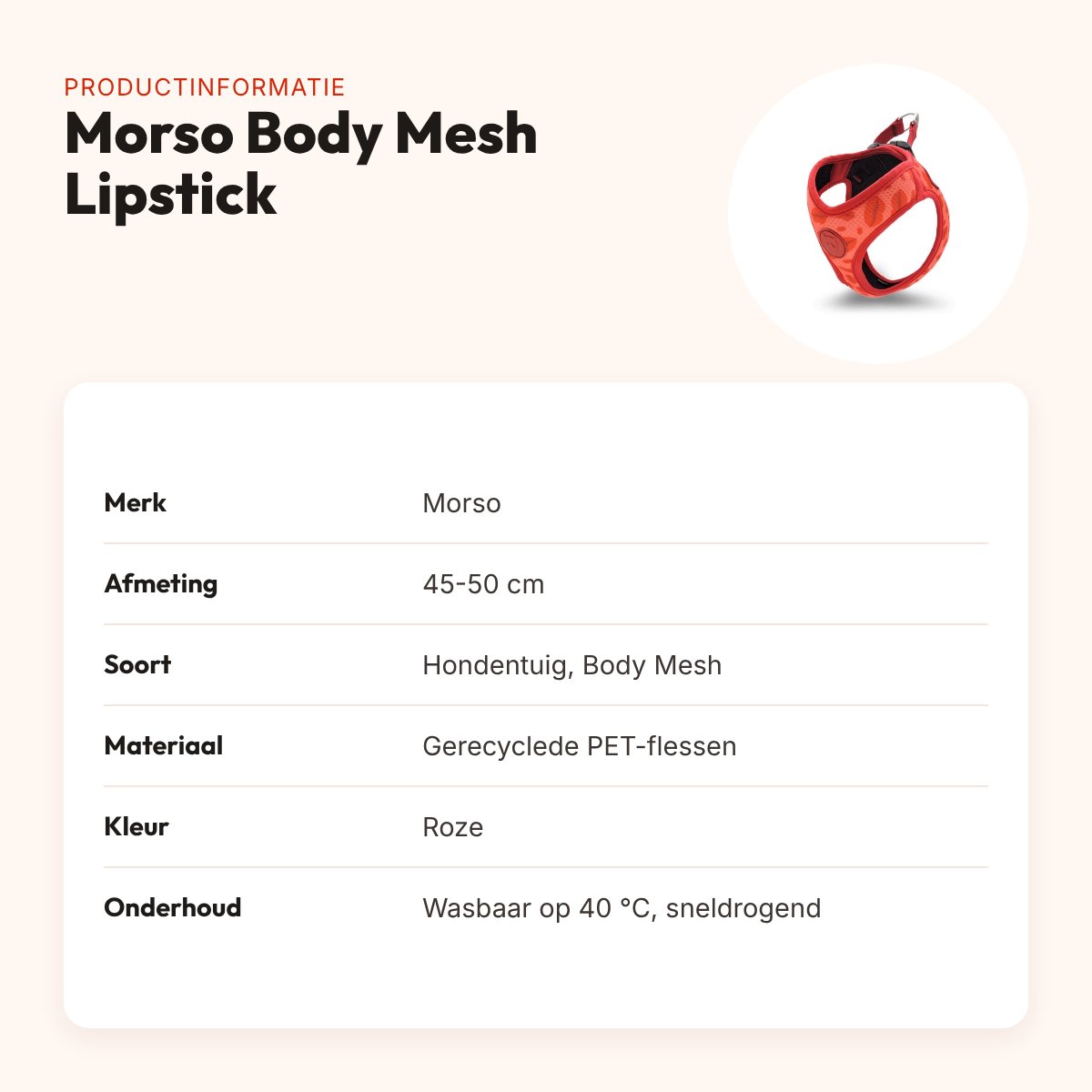 Morso hondentuig Body Mesh Lipstick roze 45-50 cm – ademend, gerecycled – productinformatie