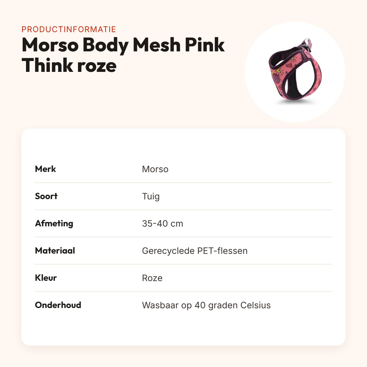 Morso hondentuig Body Mesh Pink Think roze 35-40 cm – ademend, gerecycled – productinformatie
