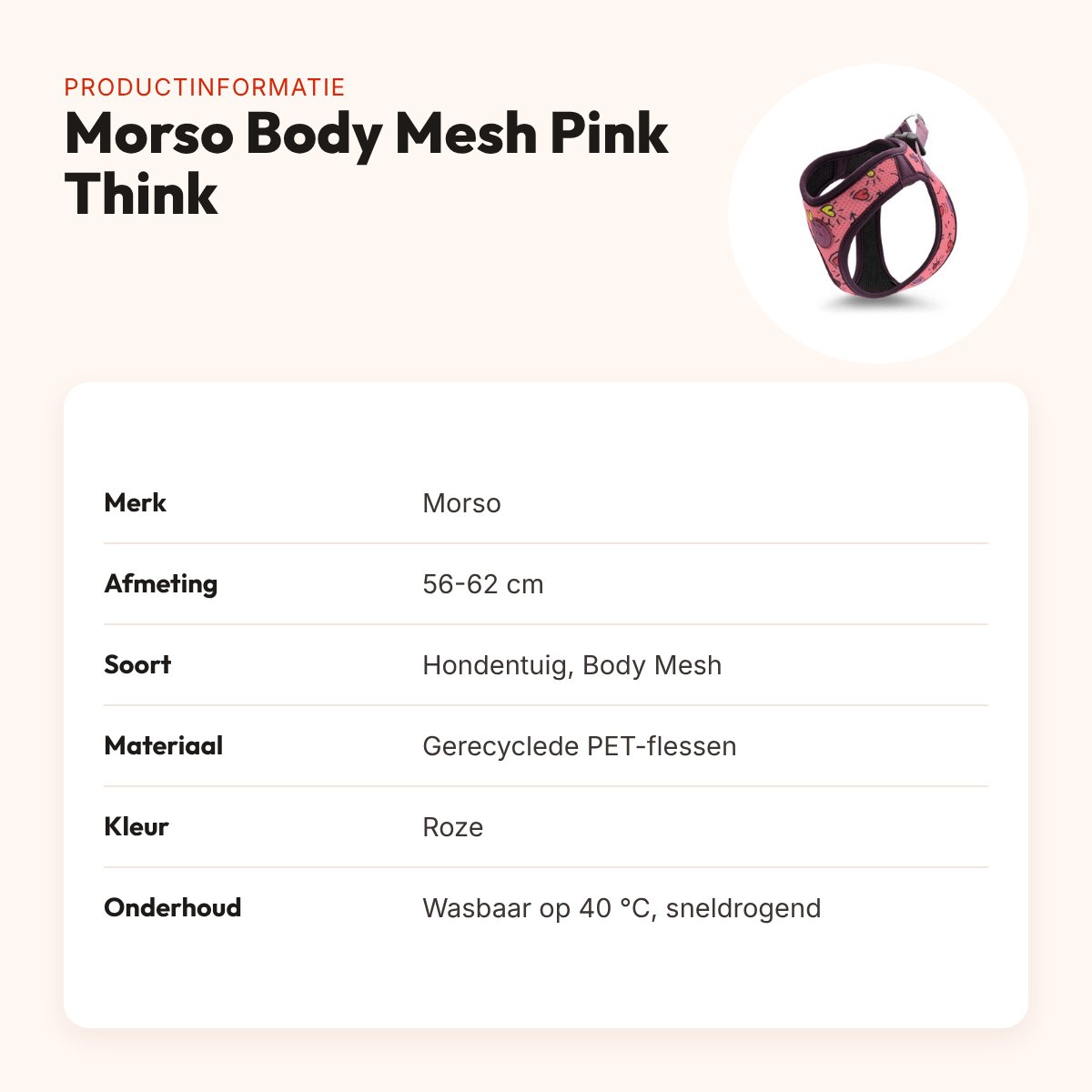 Morso hondentuig Body Mesh Pink Think roze 56-62 cm – ademend, gerecycled – productinformatie