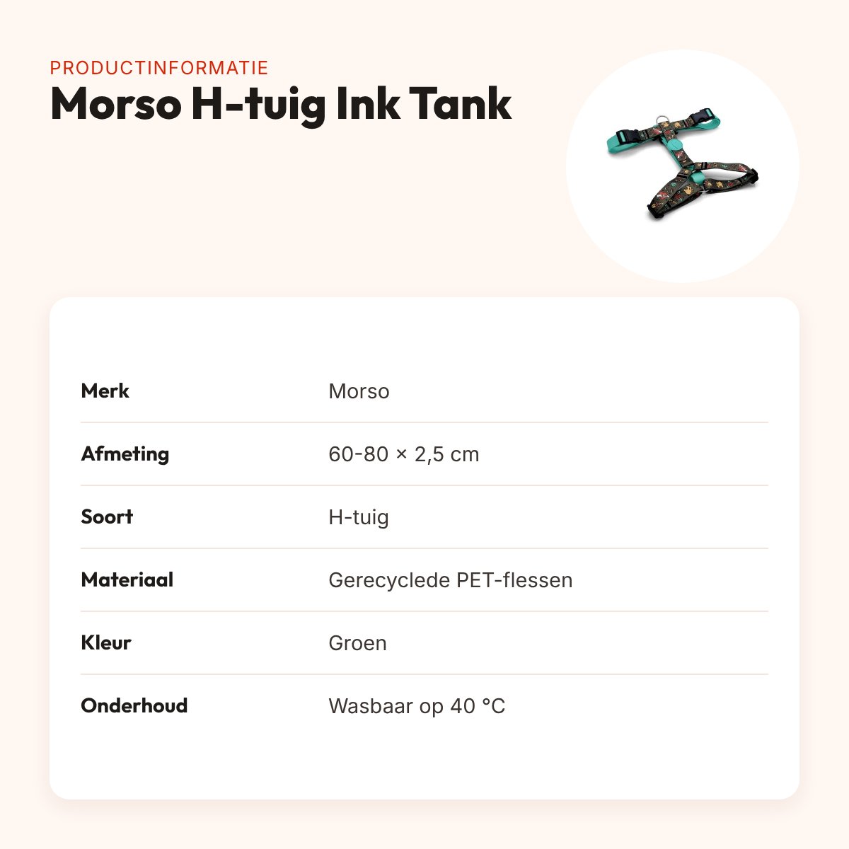 Morso hondentuig H-tuig Ink Tank groen 60-80 x 2,5 cm – gerecycled – productinformatie