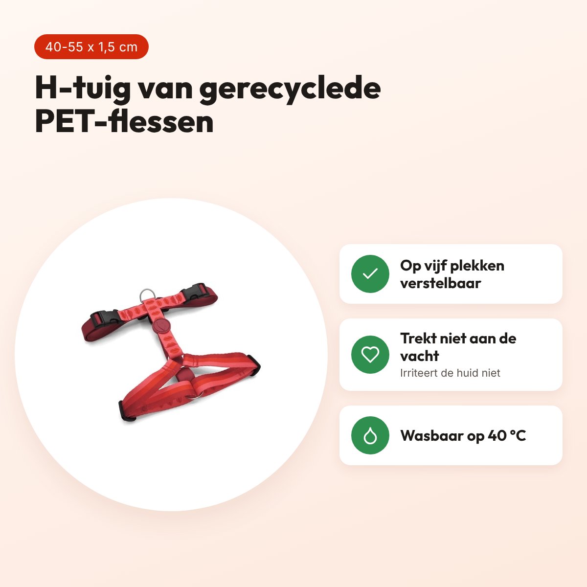 Morso hondentuig H-tuig Lipstick roze 40-55 x 1,5 cm – gerecycled – voordelen
