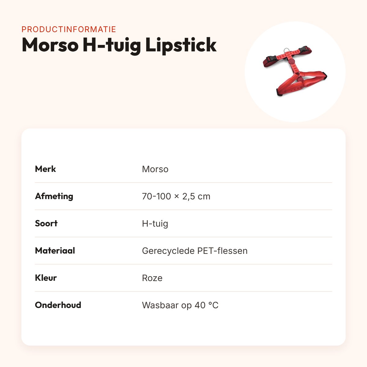 Morso hondentuig H-tuig Lipstick roze 70-100 x 2,5 cm – gerecycled – productinformatie