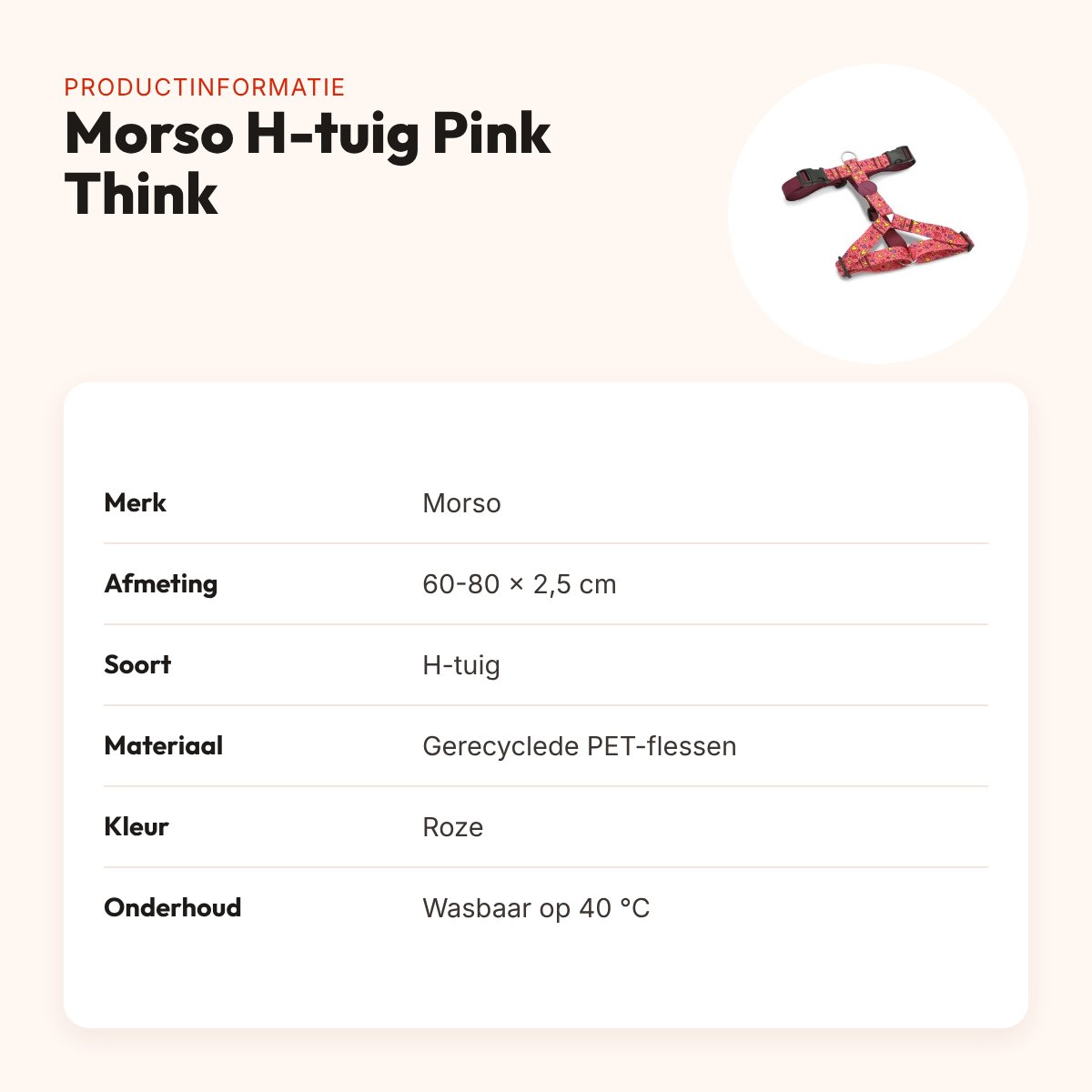 Morso hondentuig H-tuig Pink Think roze 60-80 x 2,5 cm – gerecycled – productinformatie