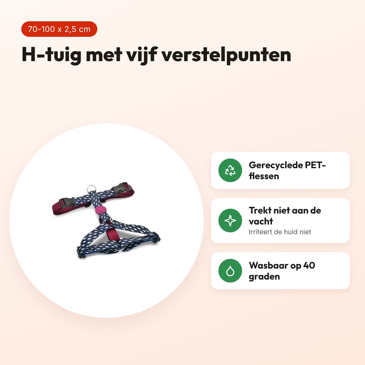 Morso hondentuig H-tuig Power Flow zwart 70-100 x 2,5 cm – gerecycled – voordelen