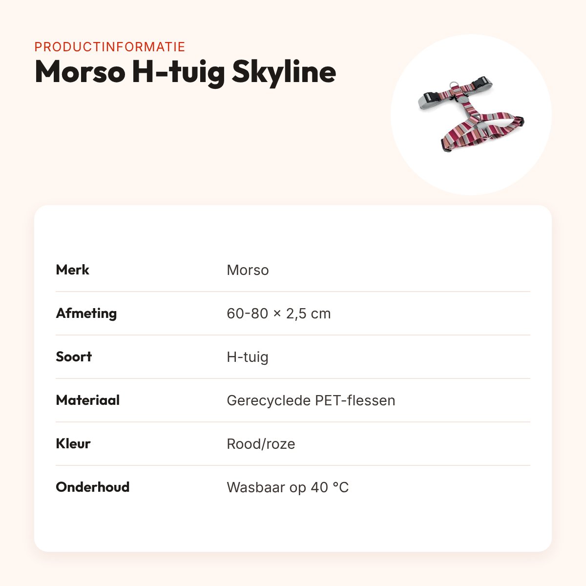 Morso hondentuig H-tuig Skyline rood/roze 60-80 x 2,5 cm – gerecycled – productinformatie