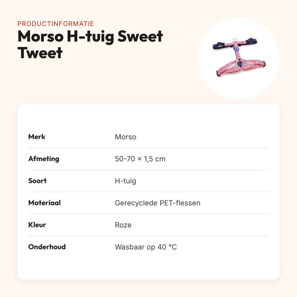 Morso hondentuig H-tuig Sweet Tweet roze 50-70 x 1,5 cm – gerecycled – productinformatie
