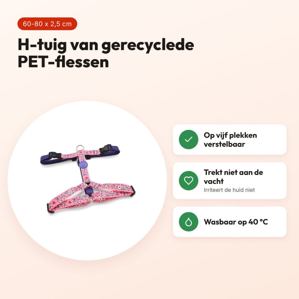 Morso hondentuig H-tuig Sweet Tweet roze 60-80 x 2,5 cm – gerecycled – voordelen