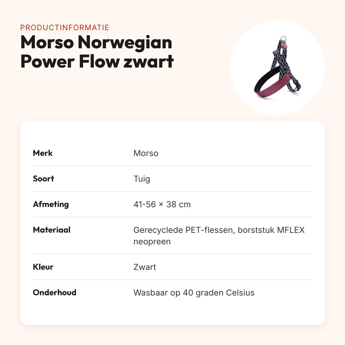 Morso hondentuig Norwegian Power Flow zwart 41-56 x 38 cm – gerecycled – productinformatie