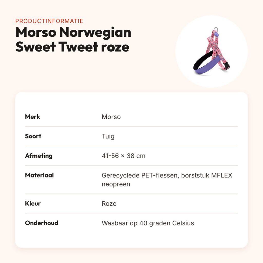 Morso hondentuig Norwegian Sweet Tweet roze 41-56 x 38 cm – gerecycled – productinformatie