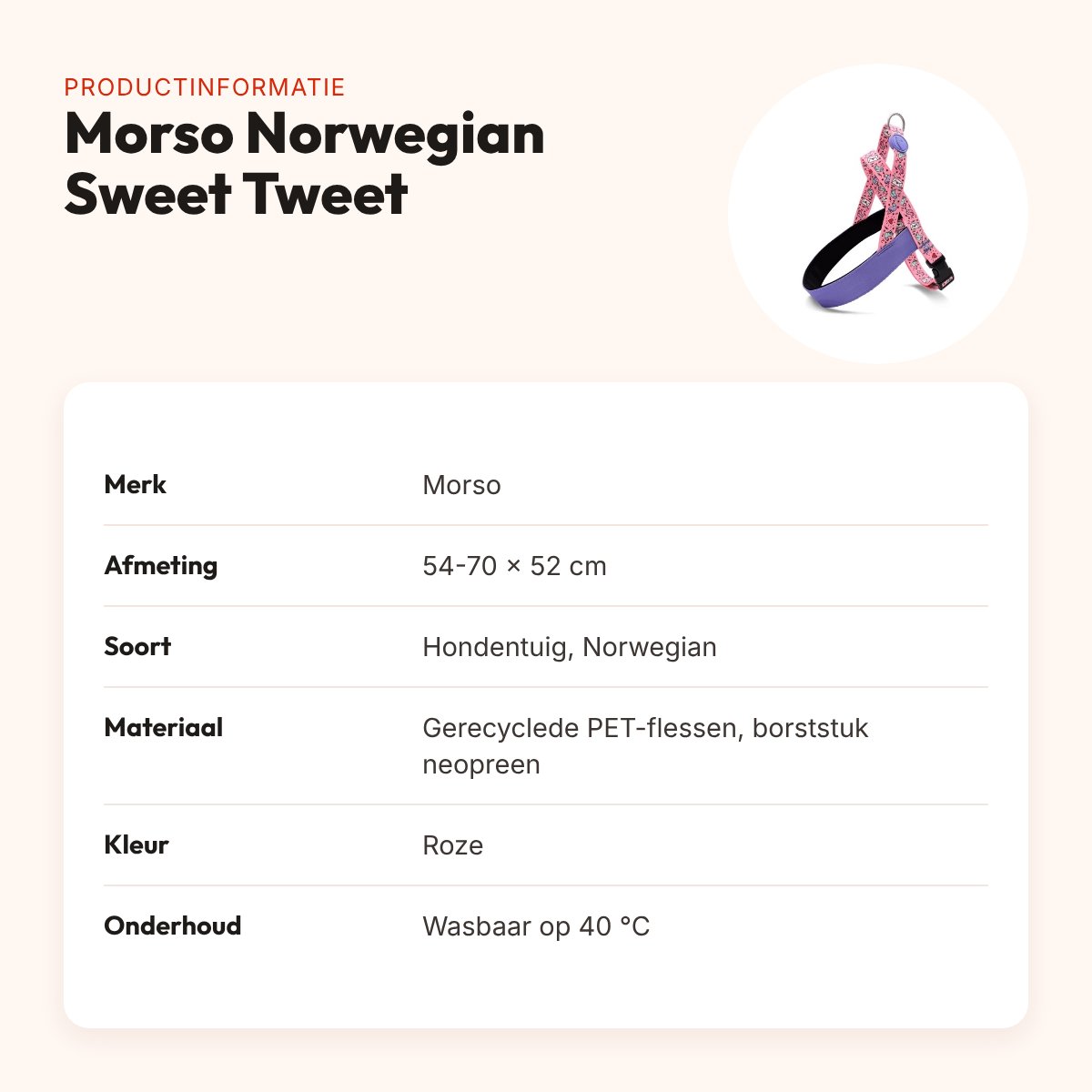 Morso hondentuig Norwegian Sweet Tweet roze 54-70 x 52 cm – gerecycled – productinformatie