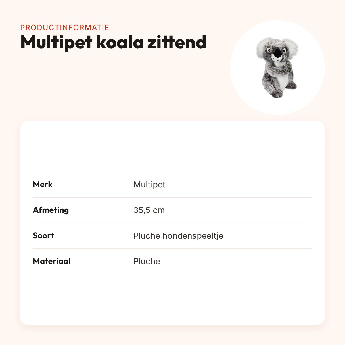 Multipet koala zittend 35,5 cm – extra groot pluche hondenspeeltje – productinformatie
