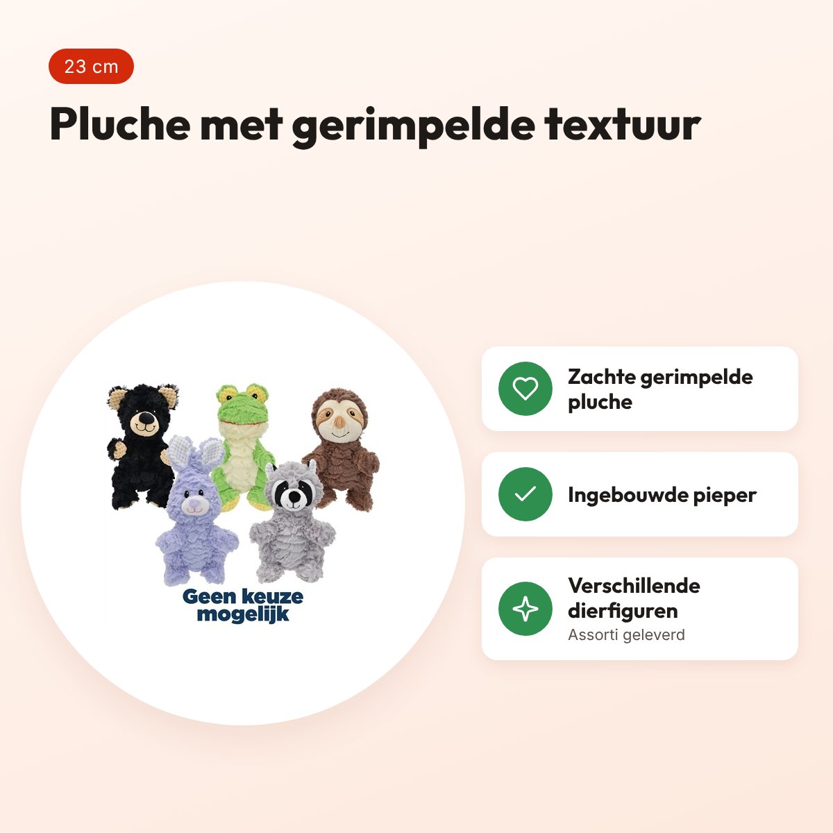 Multipet Wrinkleez knuffelspeeltje 23 cm – pluche met pieper, assorti – voordelen