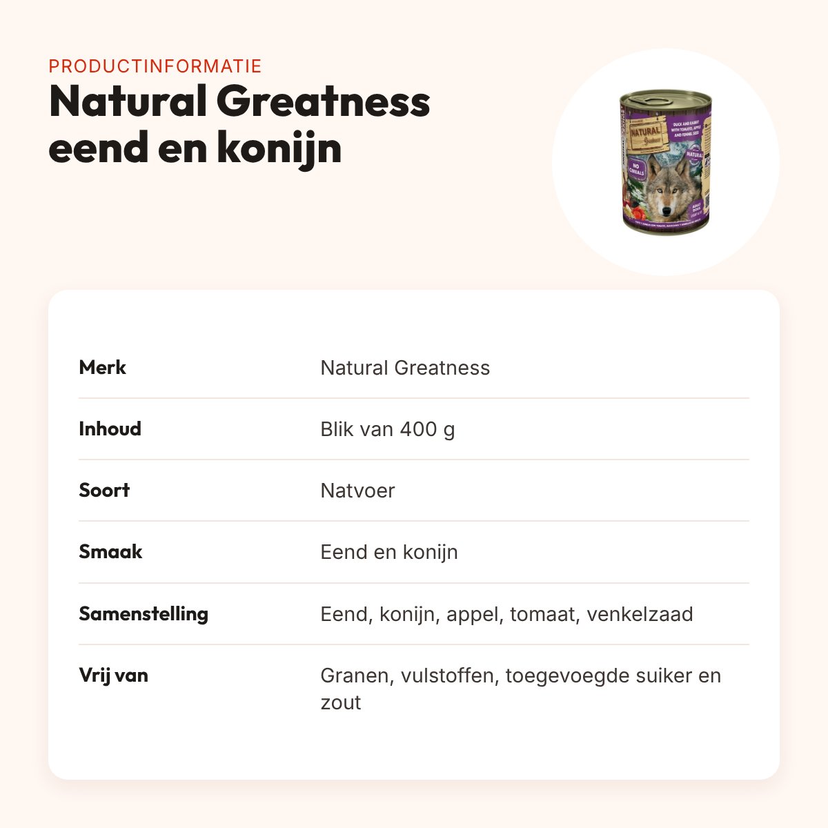 Natural Greatness hondenvoer eend en konijn 400 g – met appel en tomaat – productinformatie